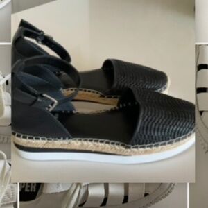 Black leather ankle strap espadrilles